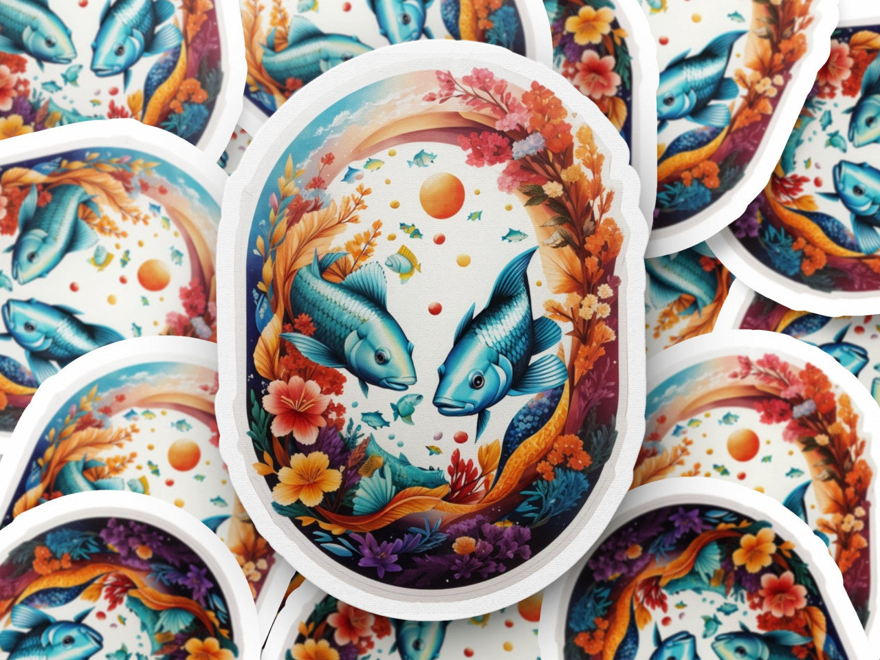 Set 12 bucati, Sticker decorativ, Pesti simbol zodia pesti, Rezistent la apa, NO3424, 6 cm, Multicolor