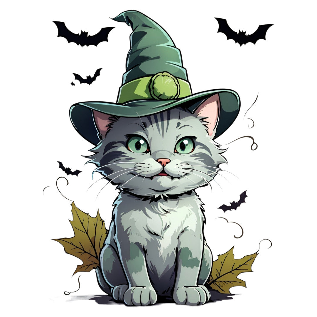 Set 12 bucati, Sticker decorativ, Pisica cu lilieci halloween, Rezistent la apa, NO3787, 6 cm, Multicolor