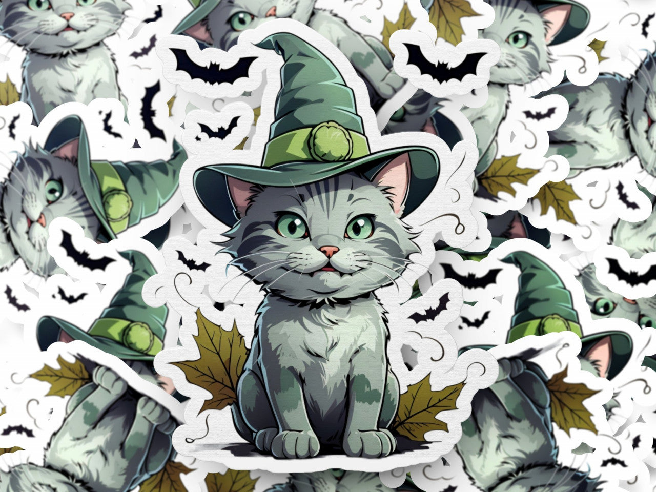 Set 12 bucati, Sticker decorativ, Pisica cu lilieci halloween, Rezistent la apa, NO3787, 6 cm, Multicolor