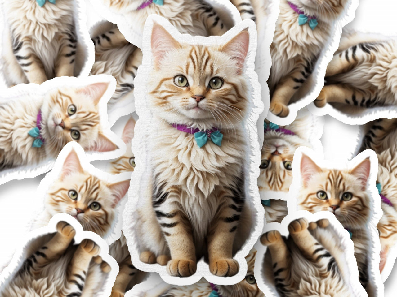 Set 12 bucati, Sticker decorativ, Pisica Pixie bob cu fundita, Rezistent la apa, NO3426, 6 cm, Multicolor