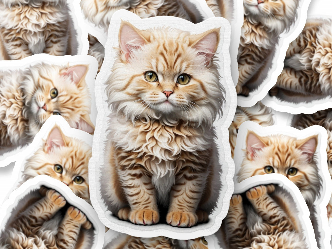 Set 12 bucati, Sticker decorativ, Pisica Selkirk rex, Rezistent la apa, NO3542, 6 cm, Multicolor