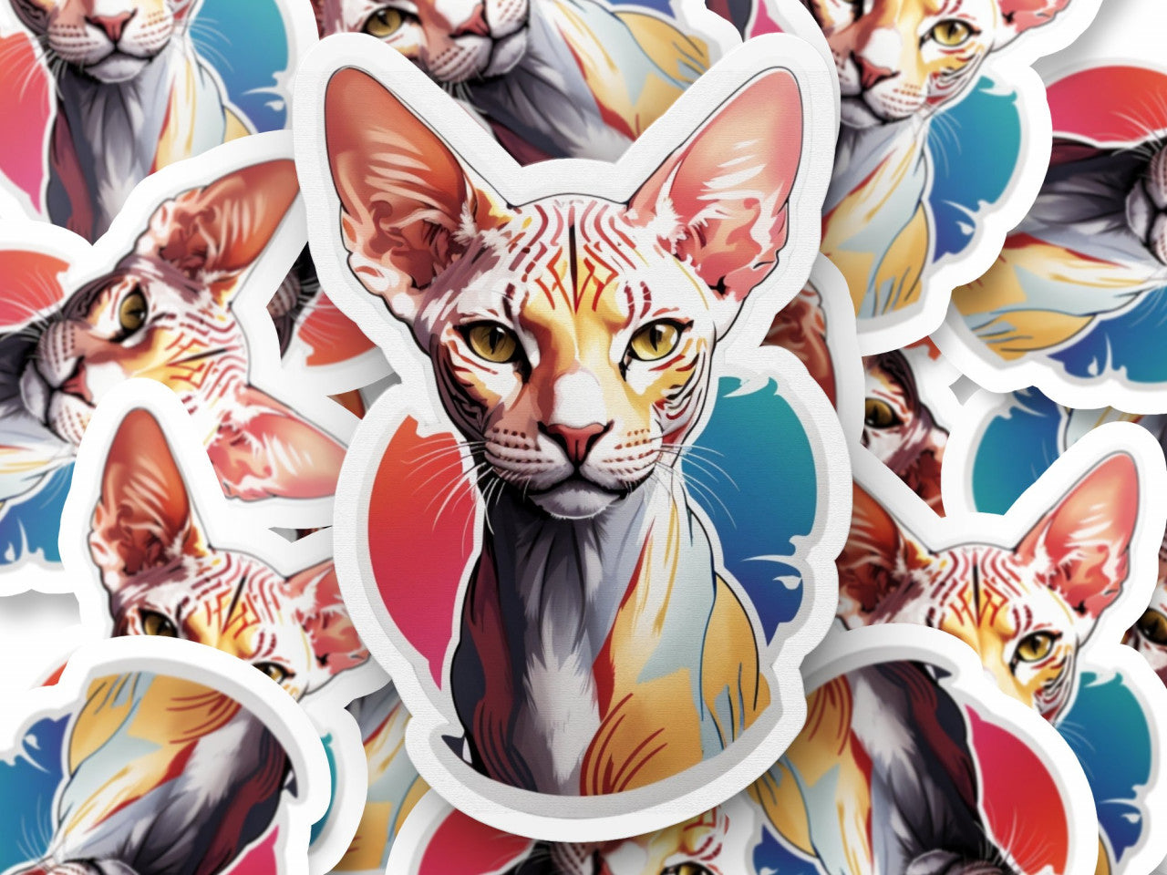 Set 12 bucati, Sticker decorativ, Pisica Sphynx, Rezistent la apa, NO3606, 6 cm, Multicolor