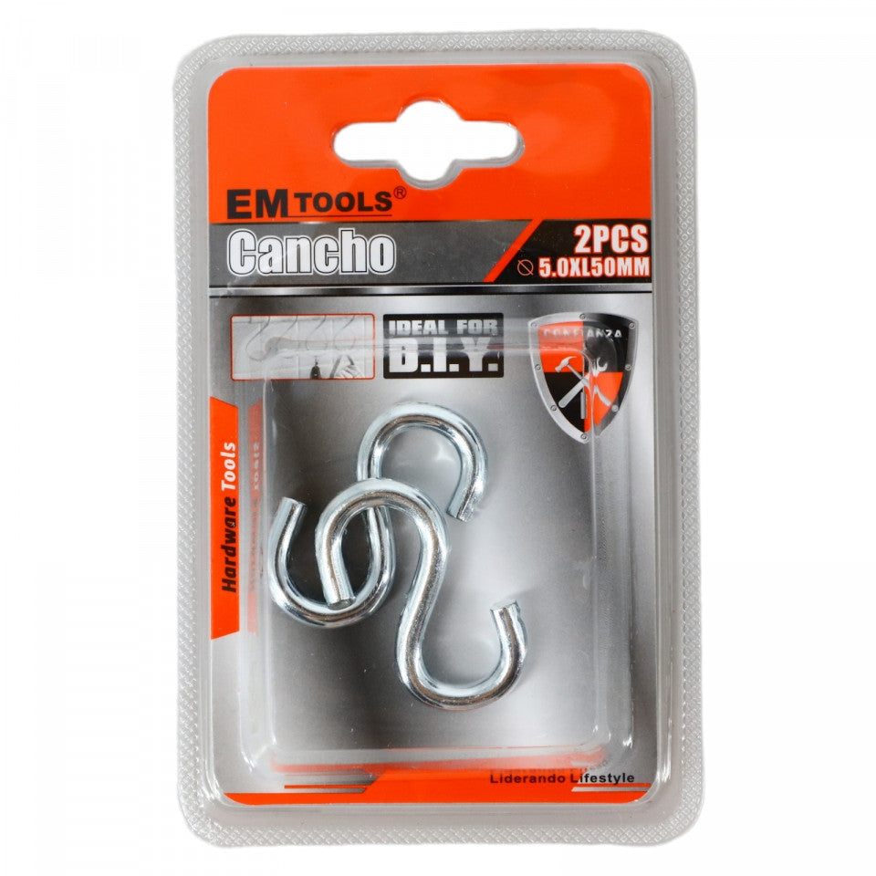 Set 2 buc, carlig S, Metal, 5 x 50 mm, Argintiu