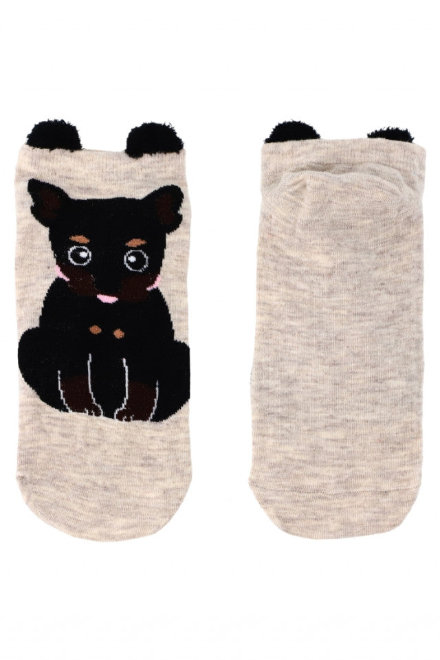 Set 2 bucati, Sosete dama scurte, 95% Bumbac, imprimeu catel, NO8677, 35-41, Bej