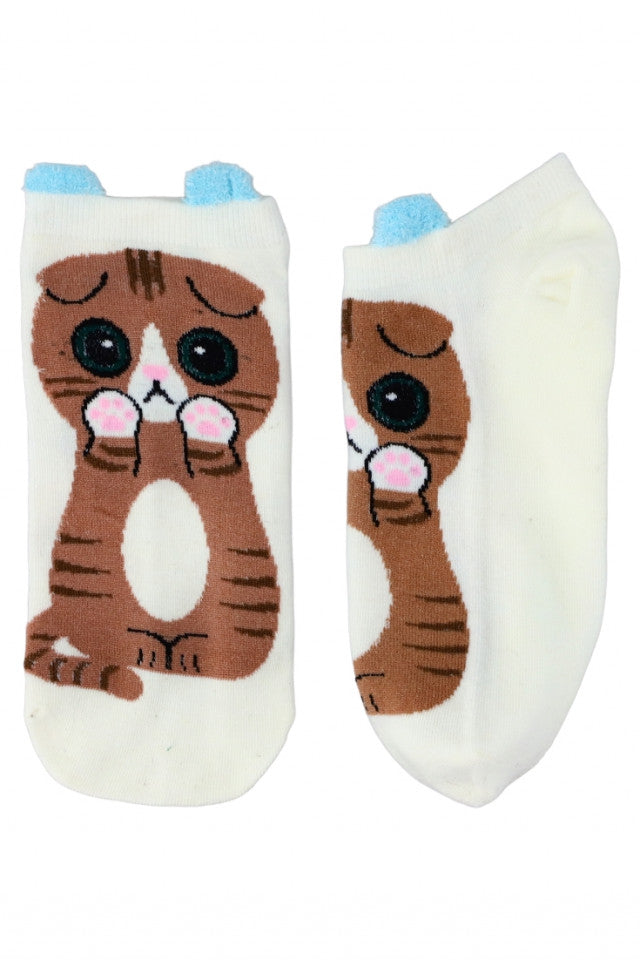 Set 2 bucati, Sosete dama scurte, 95% Bumbac, imprimeu pisica, NO1187, 35-41, Alb