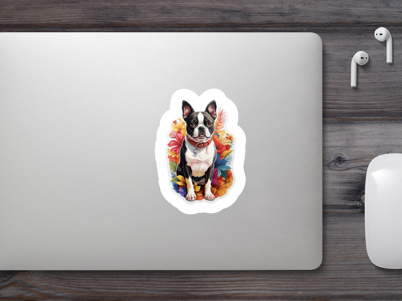 Set 2 bucati, Sticker decorativ, Caine Boston terrier cu zgarda, Rezistent la apa, NO4962, 16 cm, Multicolor