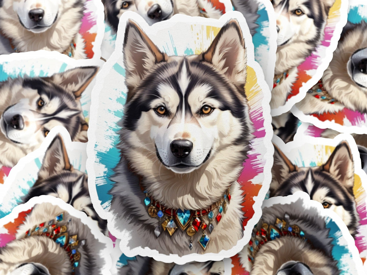 Set 2 bucati, Sticker decorativ, Caine Husky siberian, Rezistent la apa, NO5927, 16 cm, Multicolor