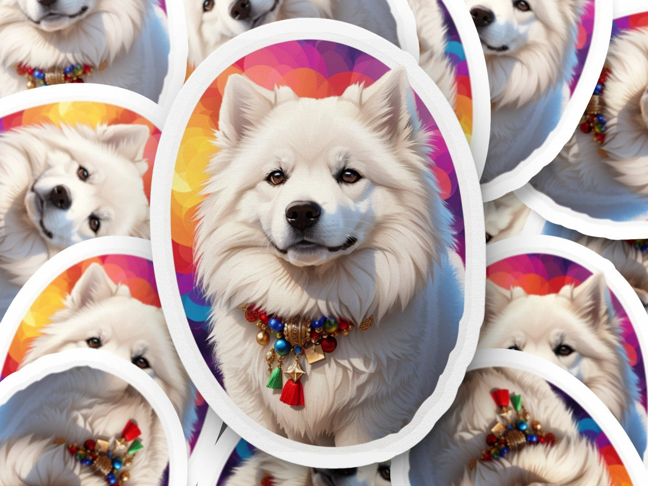 Set 2 bucati, Sticker decorativ, Caine Samoed cu zgarda, Rezistent la apa, NO5868, 16 cm, Multicolor