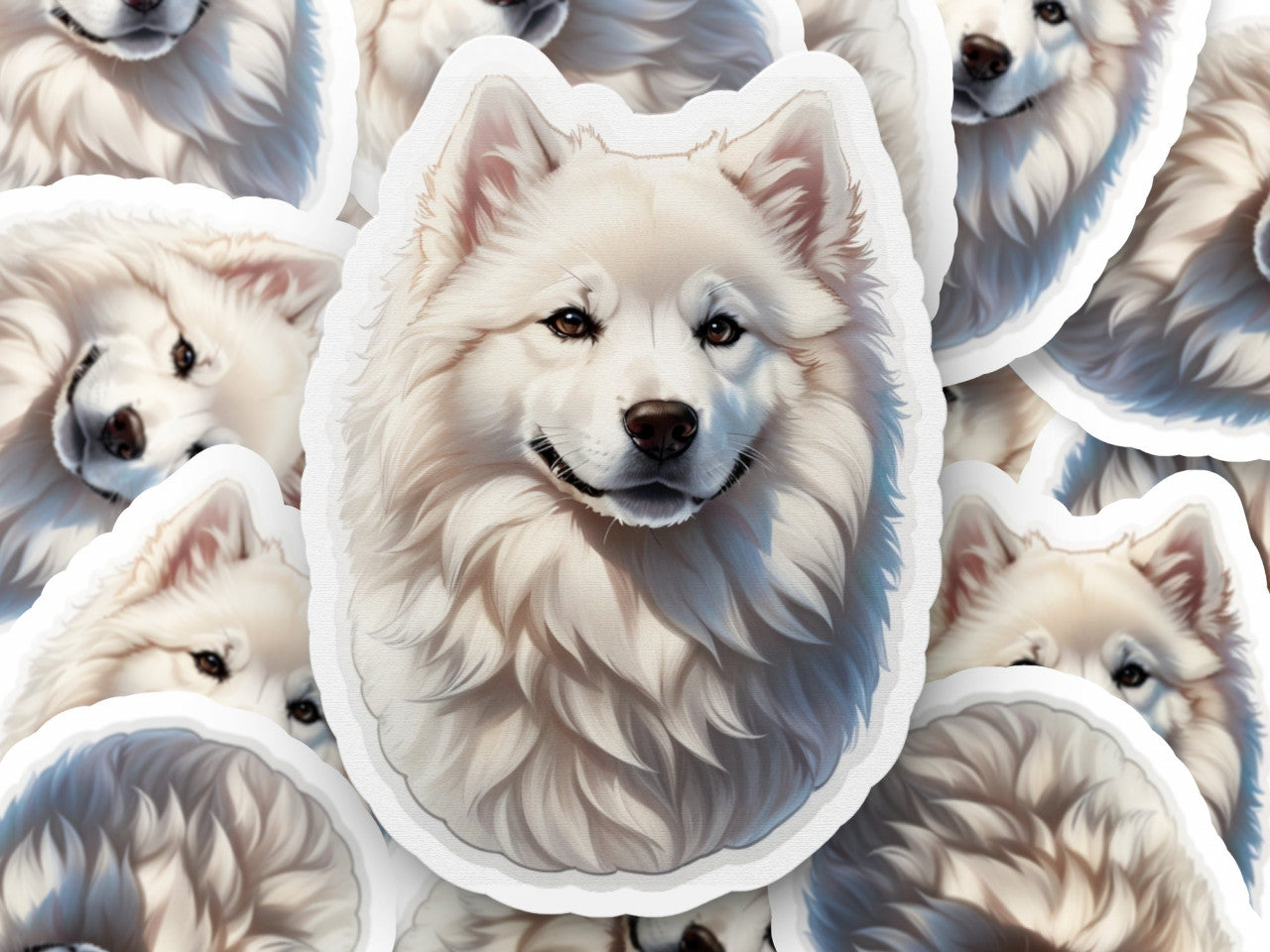 Set 2 bucati, Sticker decorativ, Caine Samoed, Rezistent la apa, NO5867, 16 cm, Multicolor