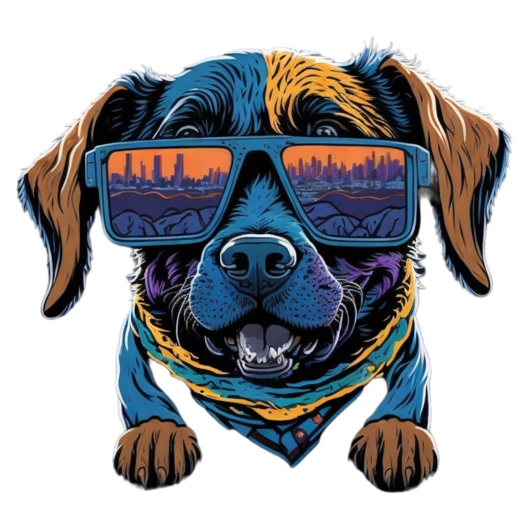 Set 2 bucati, Sticker decorativ, Cap de caine cu ochelari oglinda, Rezistent la apa, NO6975, 16 cm, Multicolor