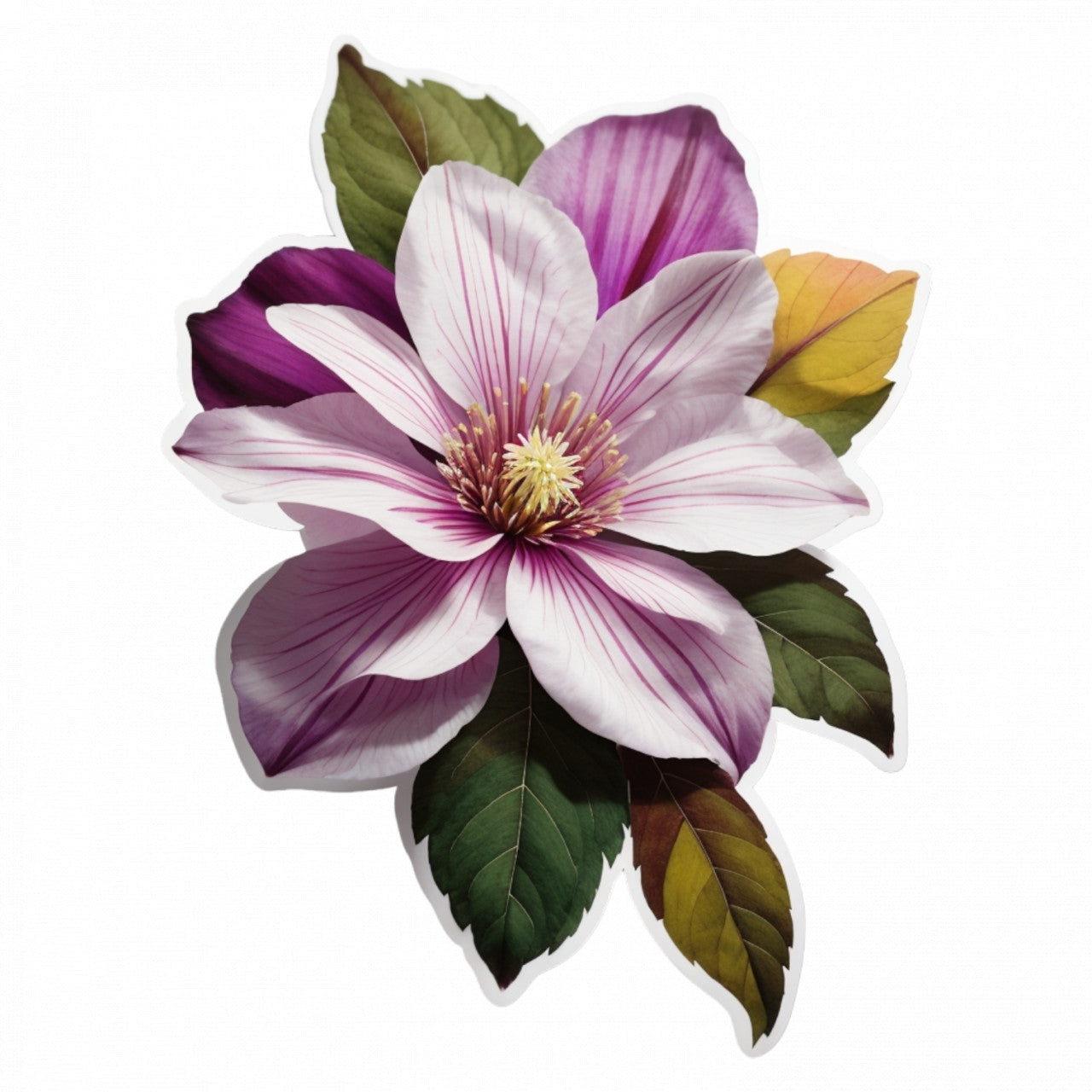 Set 2 bucati, Sticker decorativ, Floare de Clematis cu frunze, Rezistent la apa, NO5089, 16 cm, Multicolor