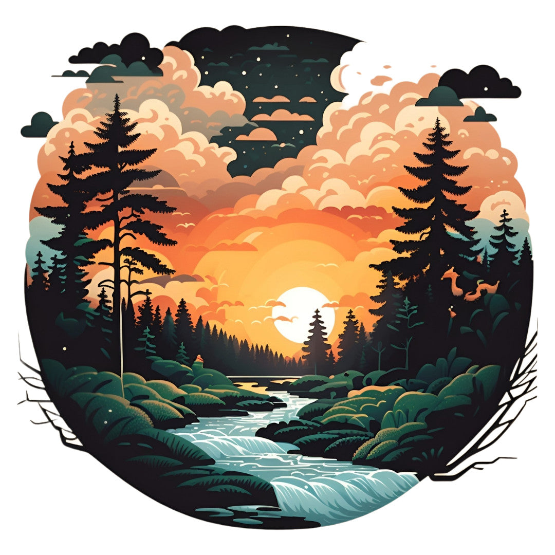 Set 2 bucati, Sticker decorativ, Peisaj padure rasarit, Rezistent la apa, NO6297, 16 cm, Multicolor