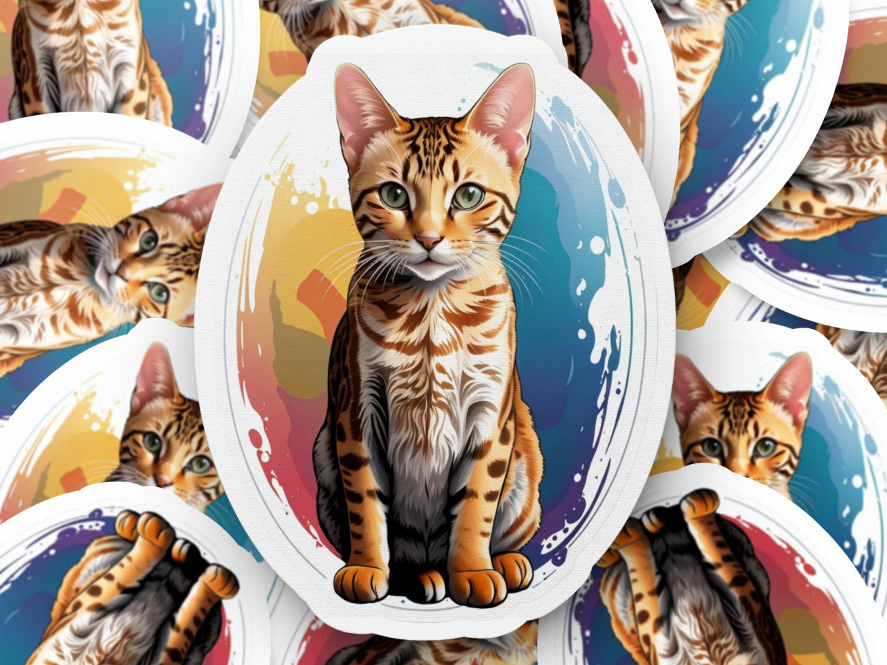 Set 2 bucati, Sticker decorativ, Pisica Ocicat, Rezistent la apa, NO5680, 16 cm, Multicolor