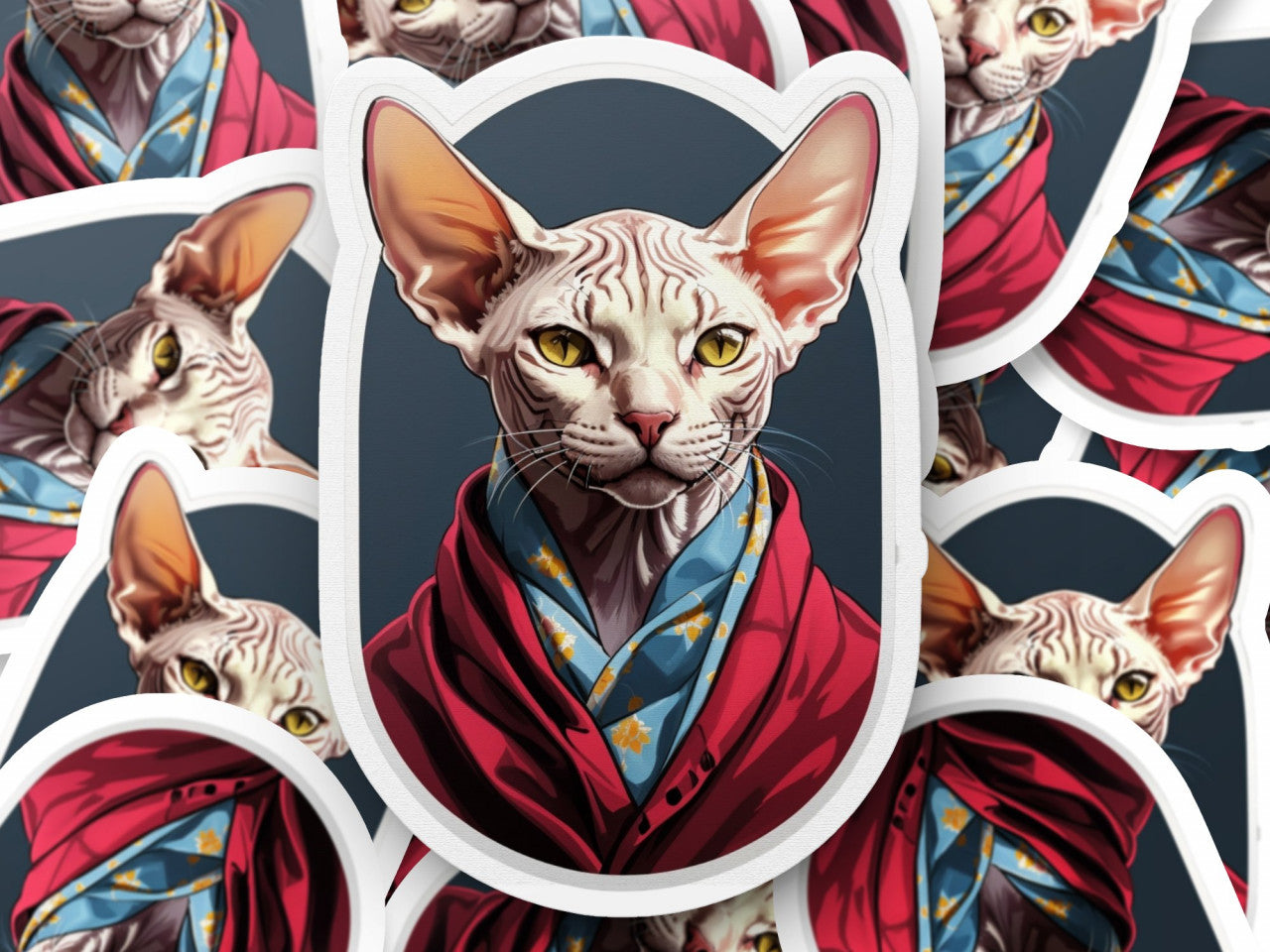 Set 2 bucati, Sticker decorativ, Pisica Sphynx cu jacheta, Rezistent la apa, NO5956, 16 cm, Multicolor