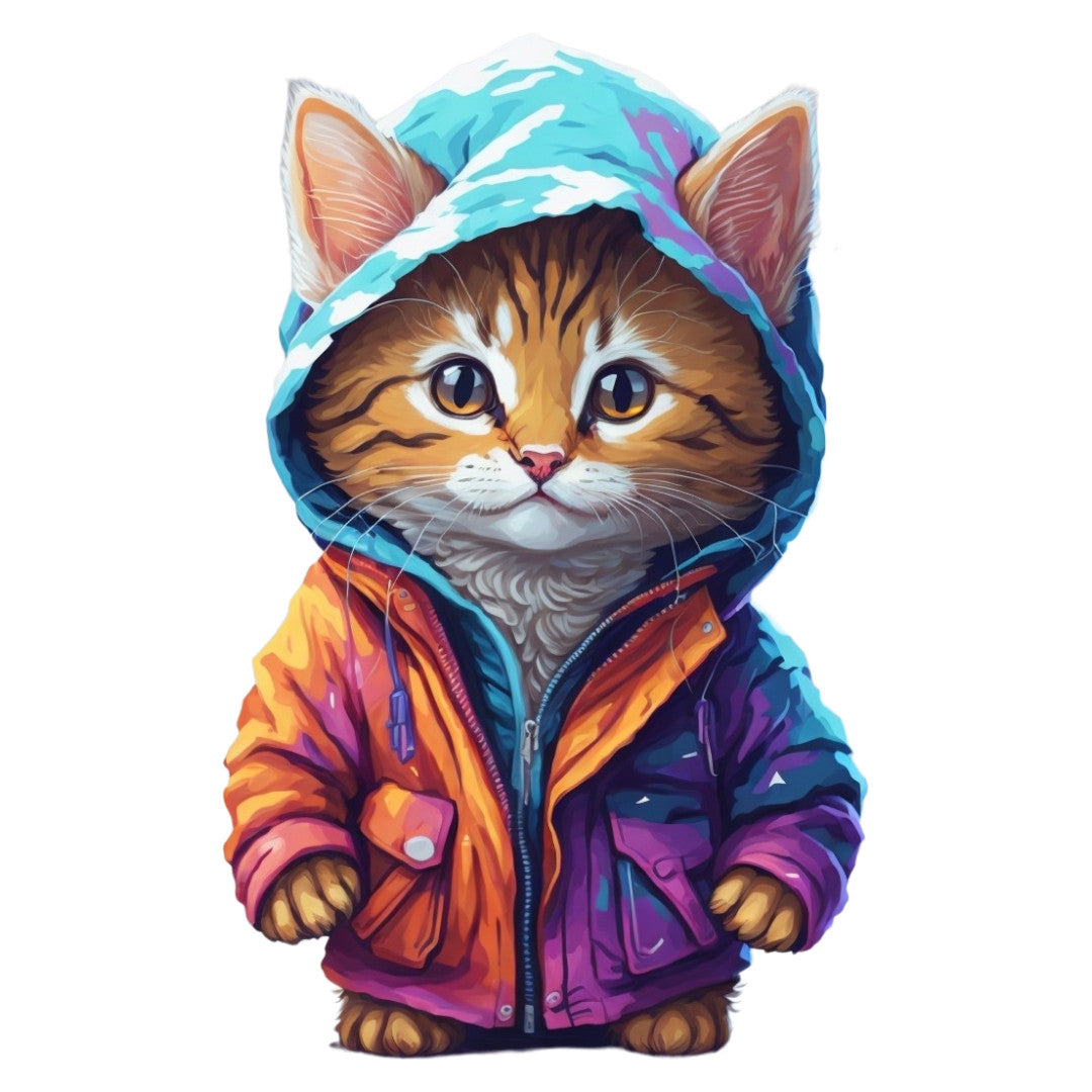 Set 2 bucati, Sticker decorativ, Pisicuta in jacheta cu gluga, Rezistent la apa, NO6962, 16 cm, Multicolor