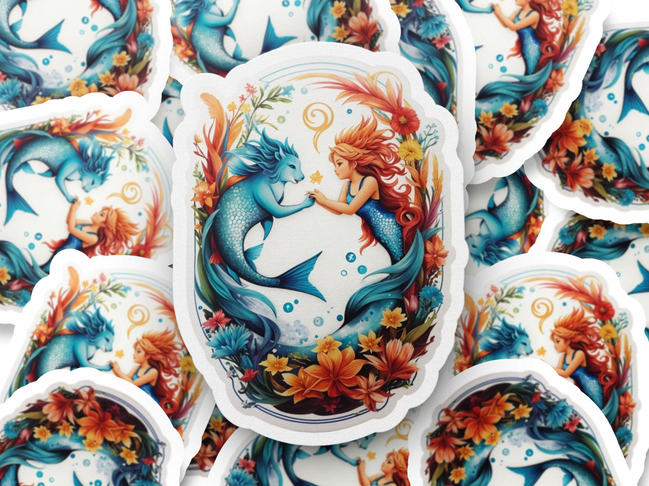 Set 2 bucati, Sticker decorativ, Sirene simbol zodia pesti, Rezistent la apa, NO5774, 16 cm, Multicolor