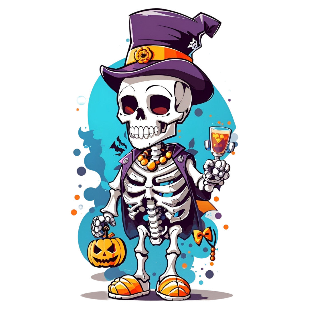Set 2 bucati, Sticker decorativ, Skeleton cu papuci si joben de halloween, Rezistent la apa, NO6530, 16 cm, Multicolor