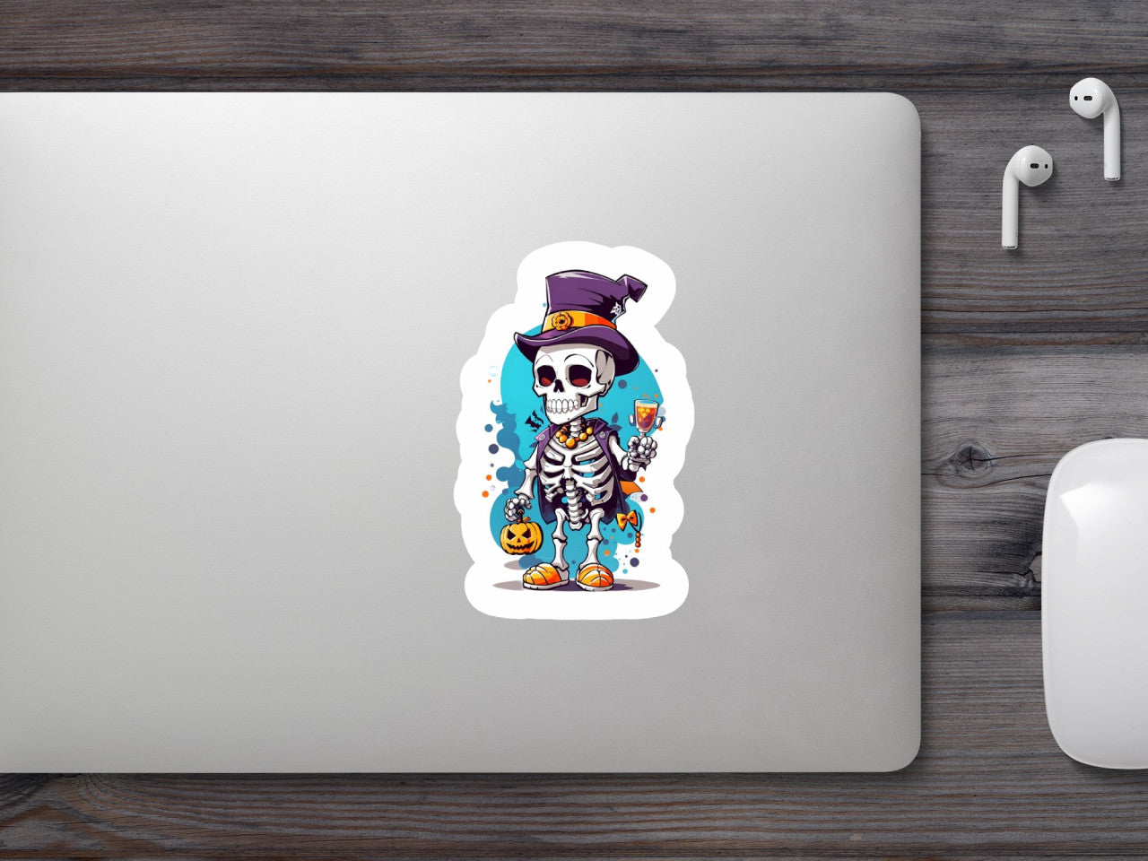 Set 2 bucati, Sticker decorativ, Skeleton cu papuci si joben de halloween, Rezistent la apa, NO6530, 16 cm, Multicolor