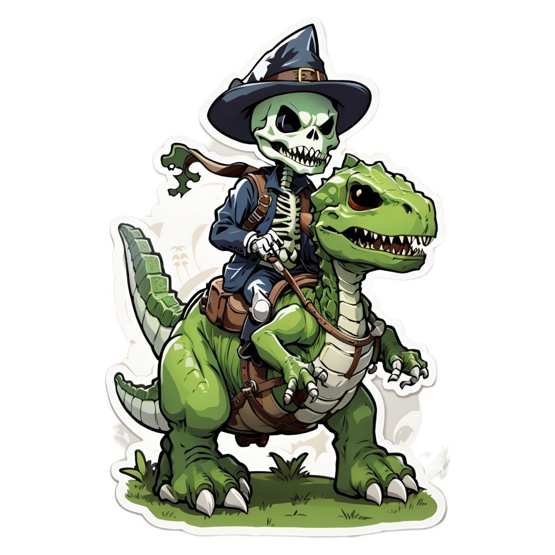 Set 2 bucati, Sticker decorativ, Skeleton pe dinozaur, Rezistent la apa, NO6381, 16 cm, Multicolor