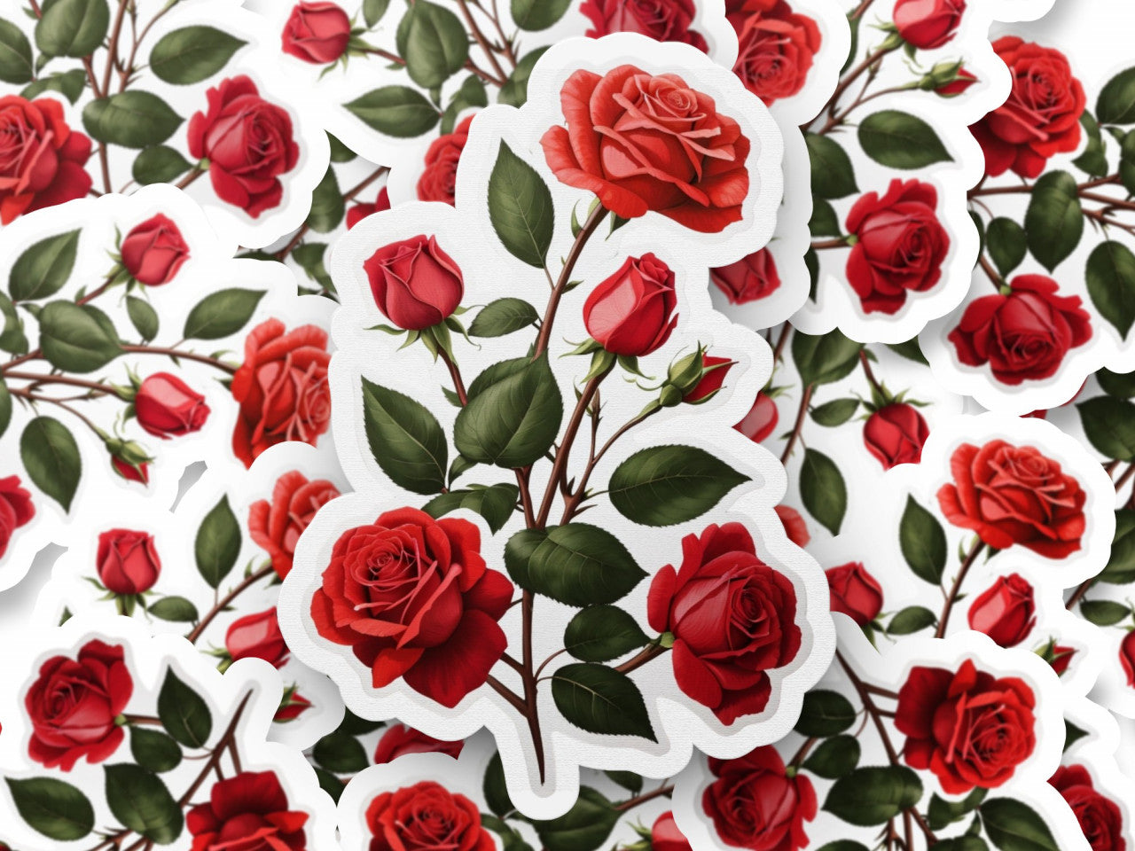 Set 2 bucati, Sticker decorativ, Trandafiri cu frunze si boboci, Rezistent la apa, NO5848, 16 cm, Multicolor