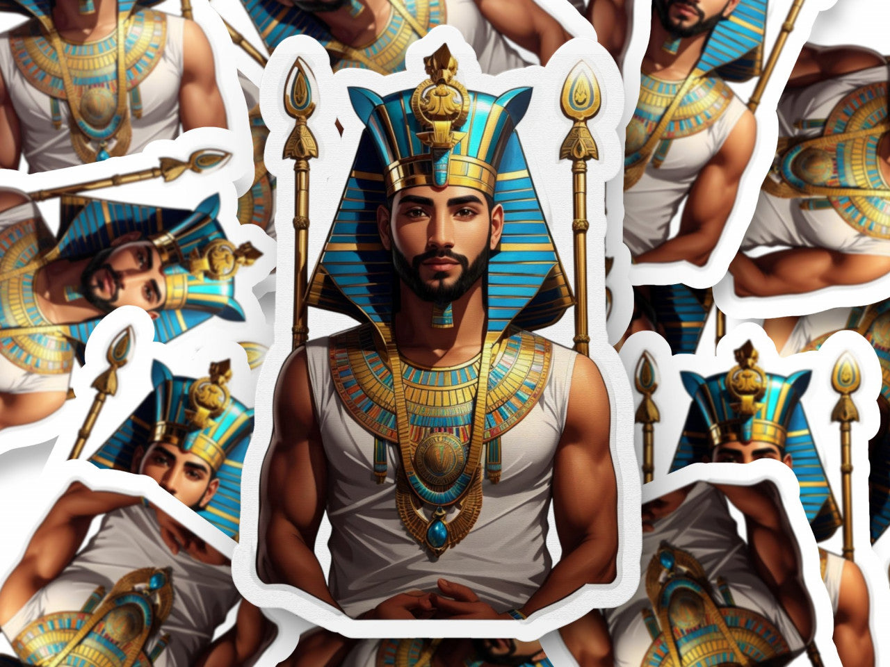 Set 2 bucati, Sticker decorativ, Zeul egiptean Ammon cu sceptru, Rezistent la apa, NO4896, 16 cm, Multicolor