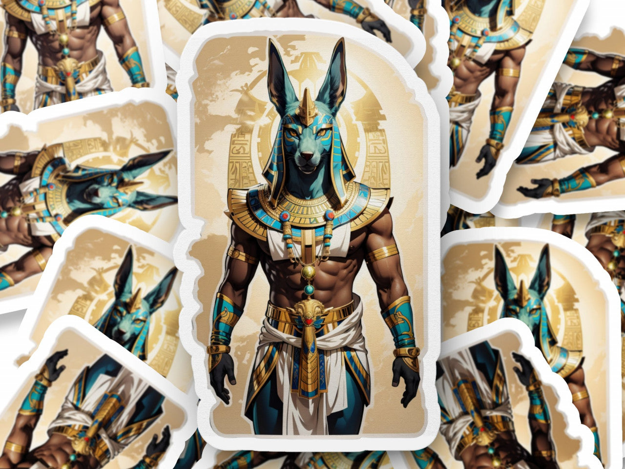 Set 2 bucati, Sticker decorativ, Zeul egiptean Anubis cu platosa, Rezistent la apa, NO4872, 16 cm, Multicolor