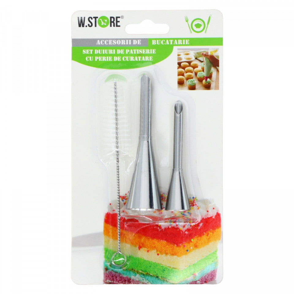 Set 2 Duiuri pentru umplere prajituri cu perie de curatare, 9.5 x 0.7 cm / 7.5 x 0.5 cm, Inox