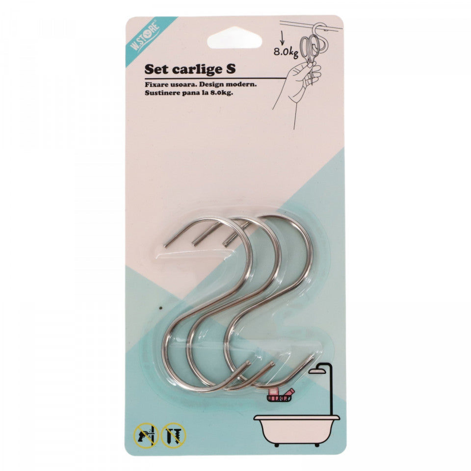 Set 3 buc, Carlige, Agatatori multifunctionale, Forma S, Inox, Sustinere 8 kg, 8 x 4 cm, Argintiu