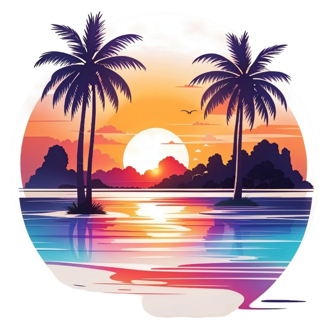 Set 3 bucati, Sticker decorativ, Apus cu palmieri, Rezistent la apa, NO1736, 6 cm, Multicolor