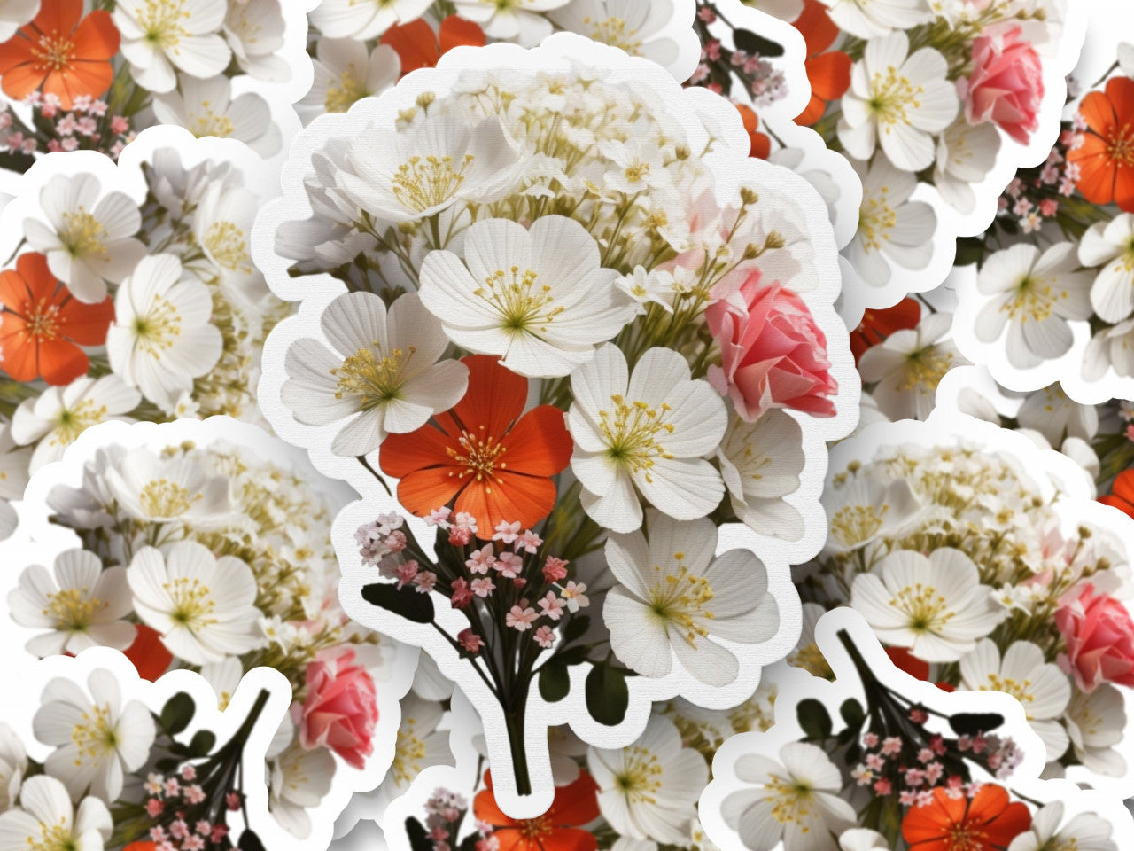 Set 3 bucati, Sticker decorativ, Buchet de Floarea miresei, Rezistent la apa, NO655, 6 cm, Multicolor