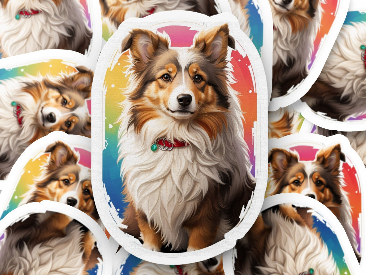 Set 3 bucati, Sticker decorativ, Caine Ciobanescde Shetland cu zgarda, Rezistent la apa, NO1203, 6 cm, Multicolor