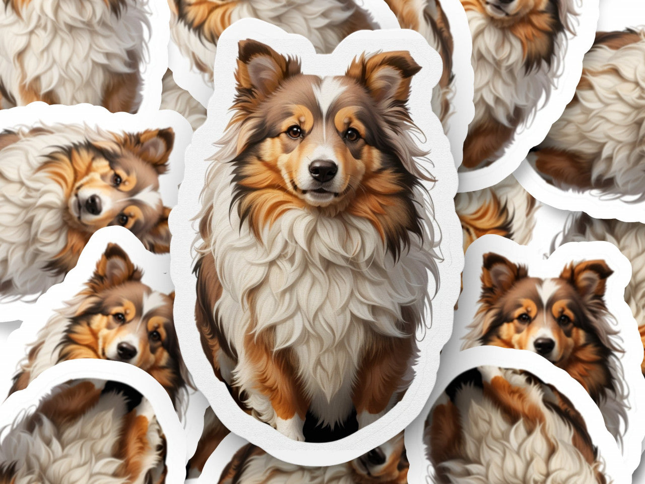 Set 3 bucati, Sticker decorativ, Caine Ciobanescde Shetland, Rezistent la apa, NO1202, 6 cm, Multicolor