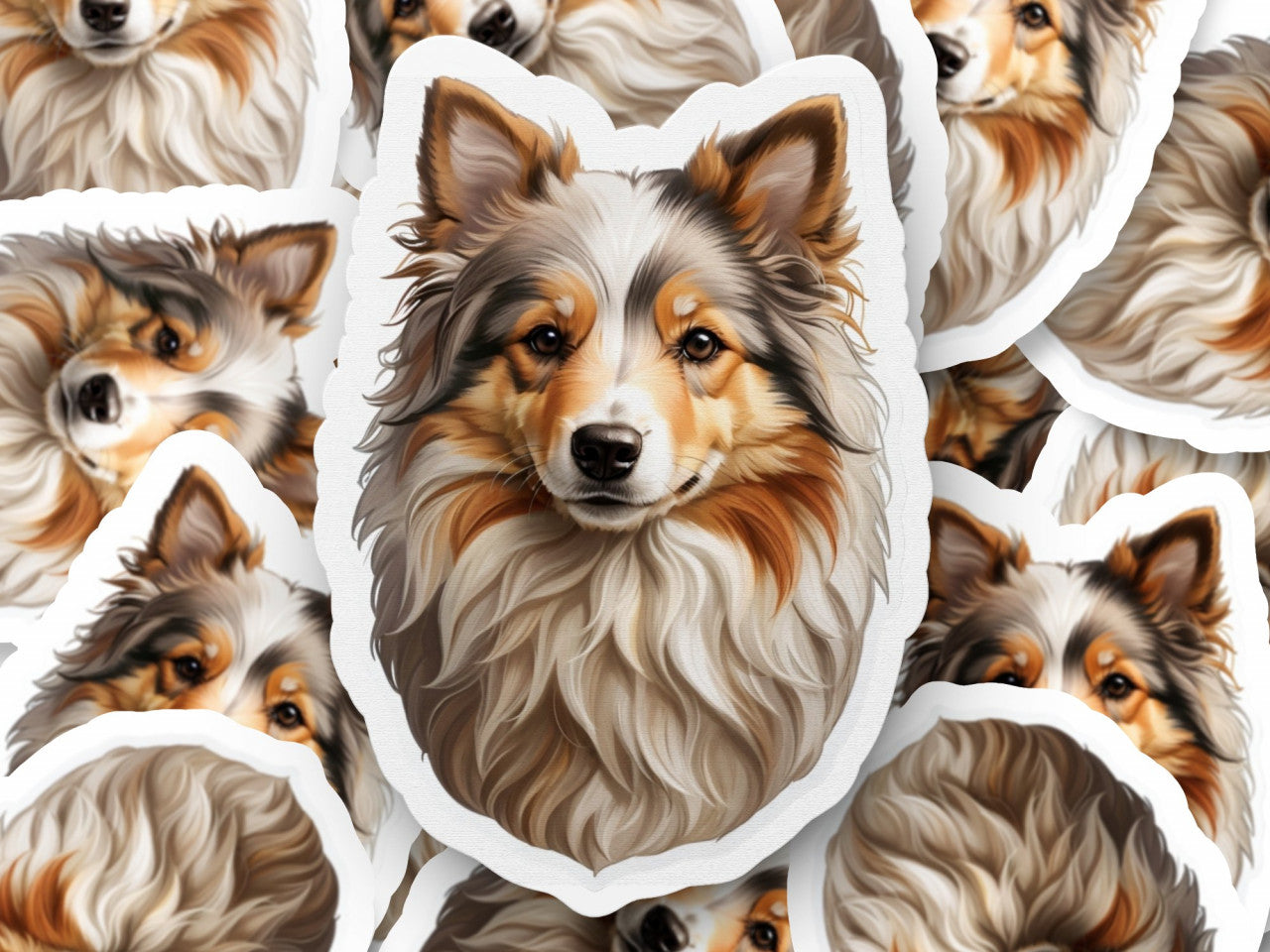 Set 3 bucati, Sticker decorativ, Caine Ciobanescde Shetland, Rezistent la apa, NO1204, 6 cm, Multicolor