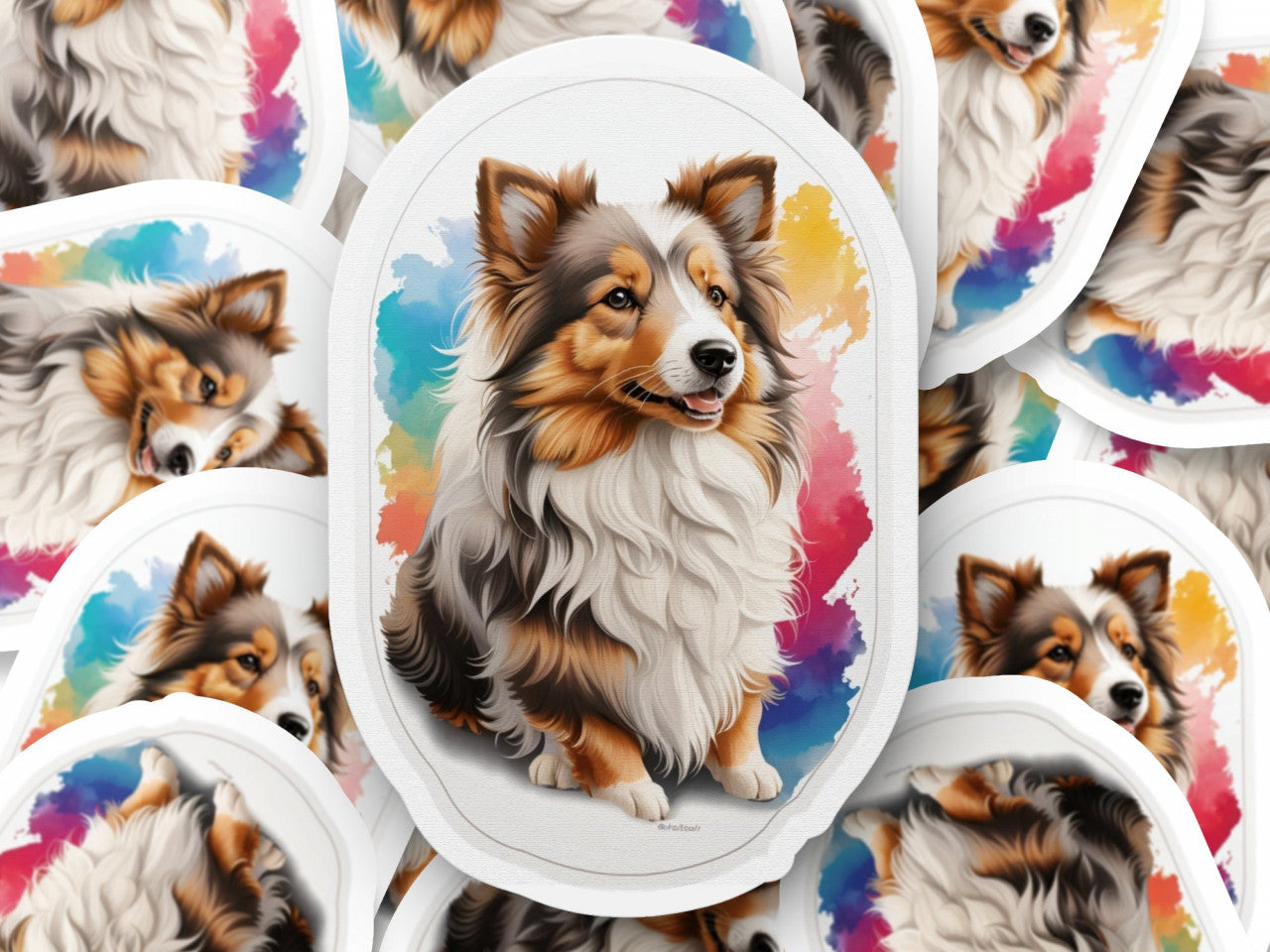 Set 3 bucati, Sticker decorativ, Caine Ciobanescde Shetland, Rezistent la apa, NO1205, 6 cm, Multicolor