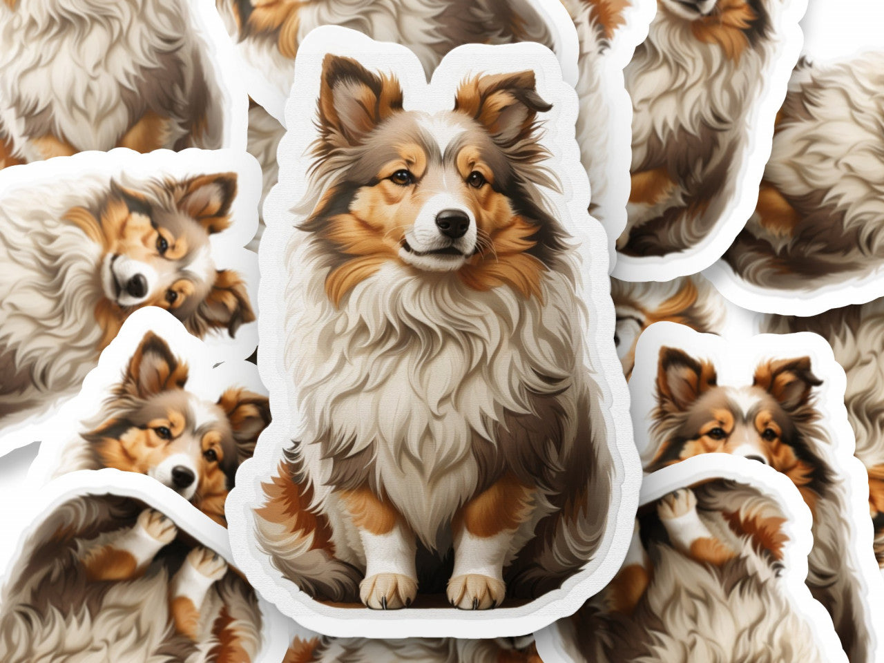 Set 3 bucati, Sticker decorativ, Caine Ciobanescde Shetland, Rezistent la apa, NO1206, 6 cm, Multicolor