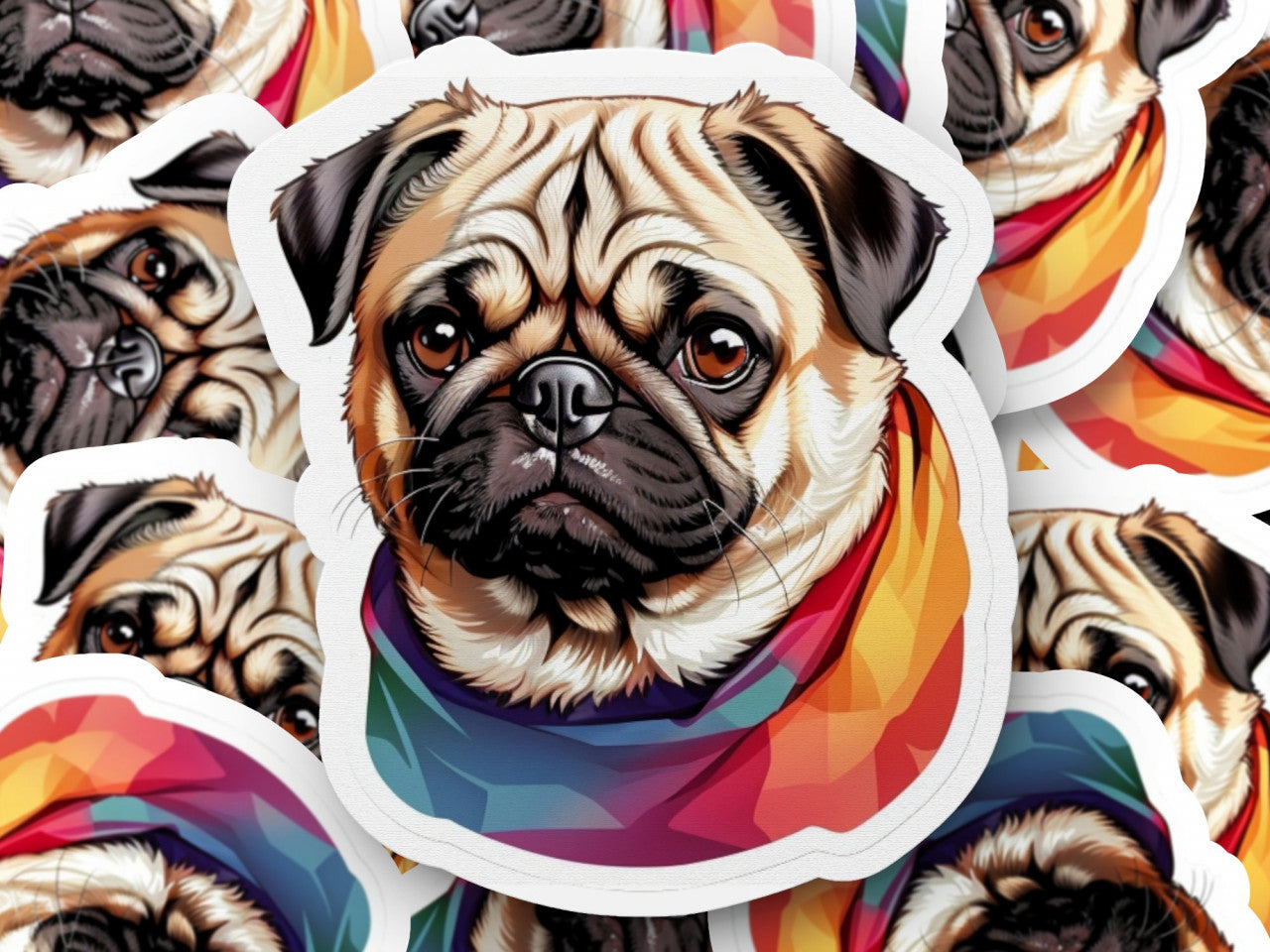 Set 3 bucati, Sticker decorativ, Caine Mops, Rezistent la apa, NO1116, 6 cm, Multicolor