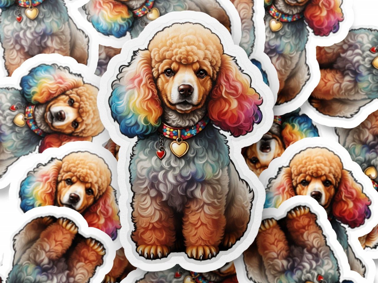 Set 3 bucati, Sticker decorativ, Caine poodle cu medalion, Rezistent la apa, NO1093, 6 cm, Multicolor