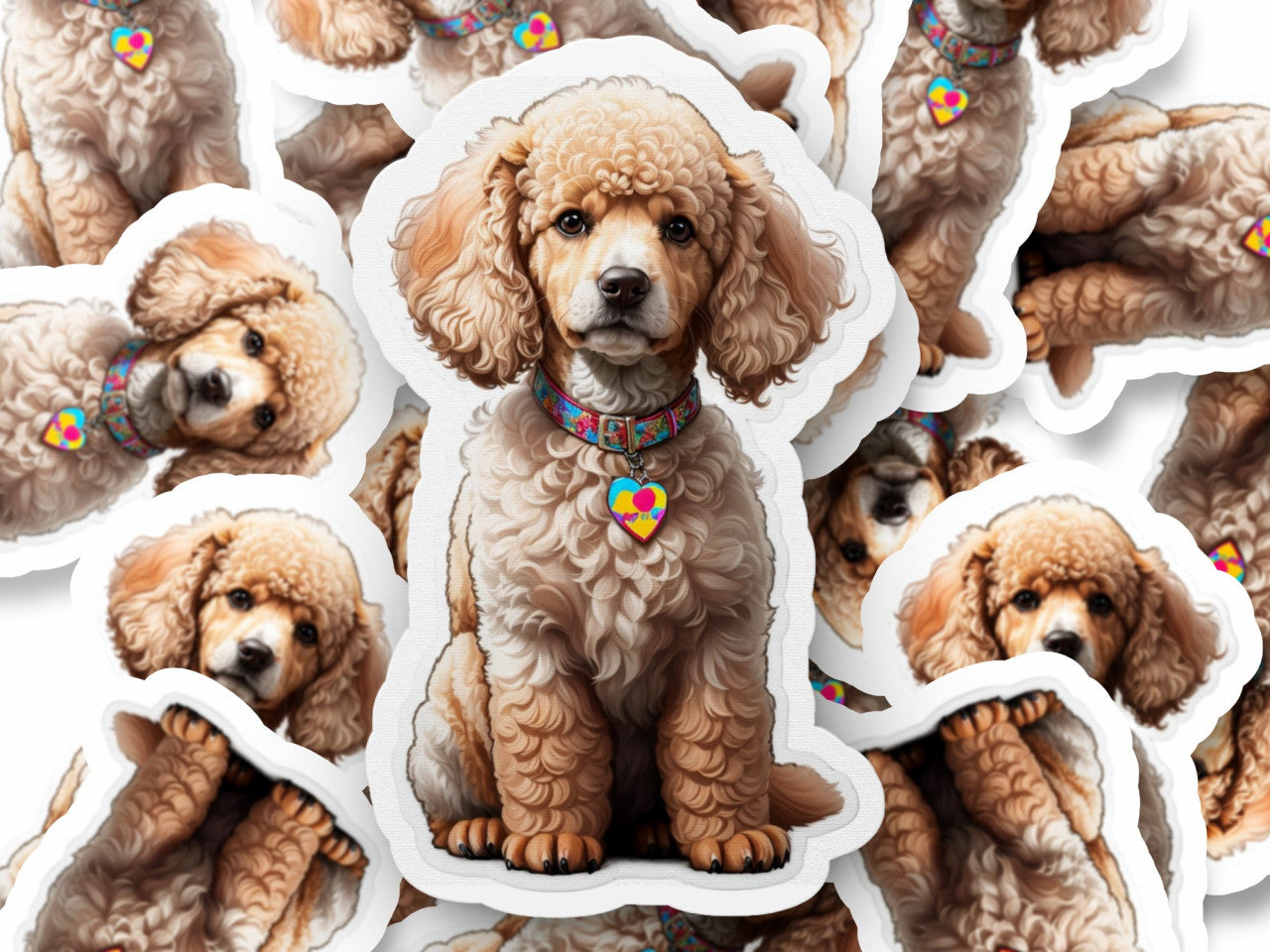 Set 3 bucati, Sticker decorativ, Caine poodle cu medalion, Rezistent la apa, NO1094, 6 cm, Multicolor