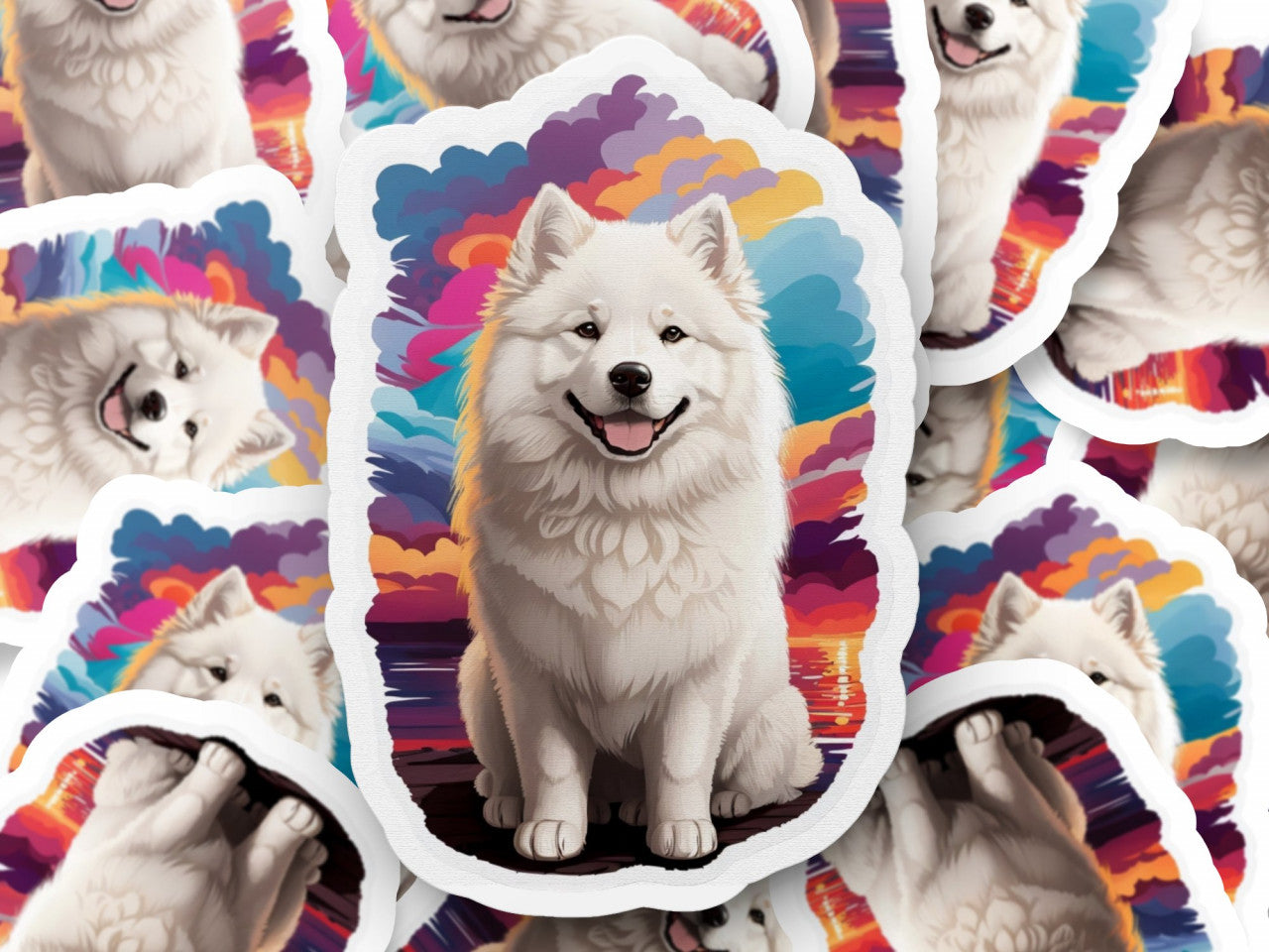 Set 3 bucati, Sticker decorativ, Caine Samoed, Rezistent la apa, NO1167, 6 cm, Multicolor