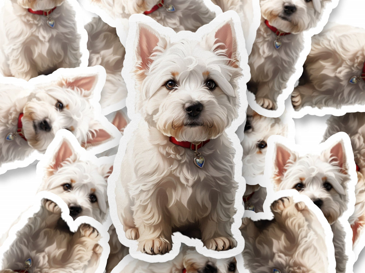 Set 3 bucati, Sticker decorativ, Caine West highland terrier cu zgarda, Rezistent la apa, NO1369, 6 cm, Multicolor