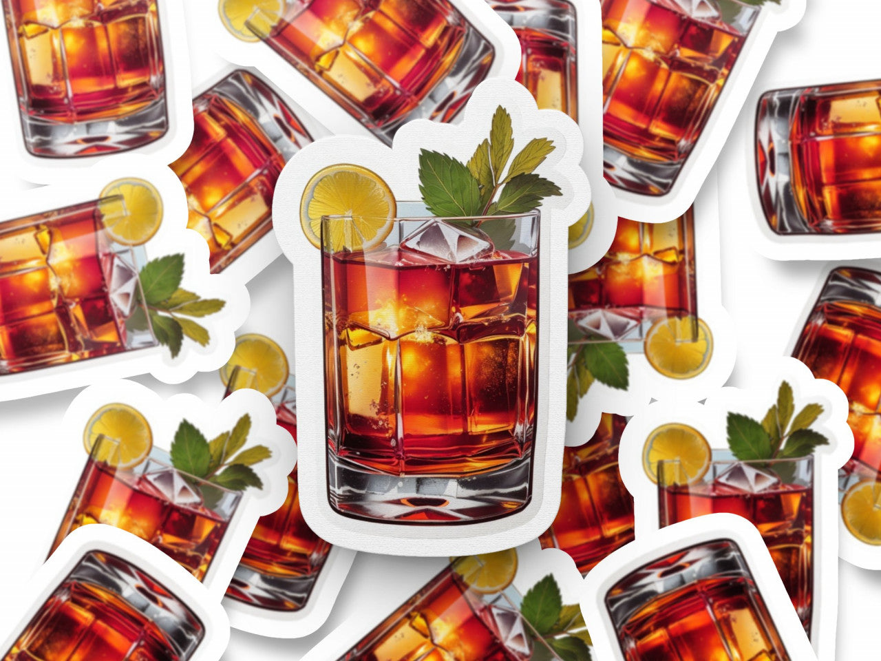 Set 3 bucati, Sticker decorativ, Cockail Sazerac cu menta si lamaie, Rezistent la apa, NO1175, 6 cm, Multicolor