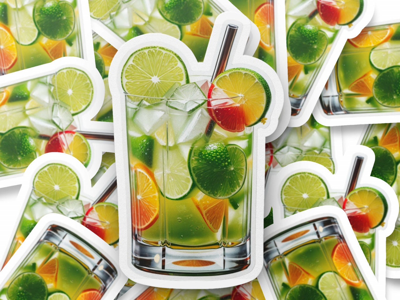 Set 3 bucati, Sticker decorativ, Cocktail Caipirinha cu gheata si pai, Rezistent la apa, NO304, 6 cm, Multicolor