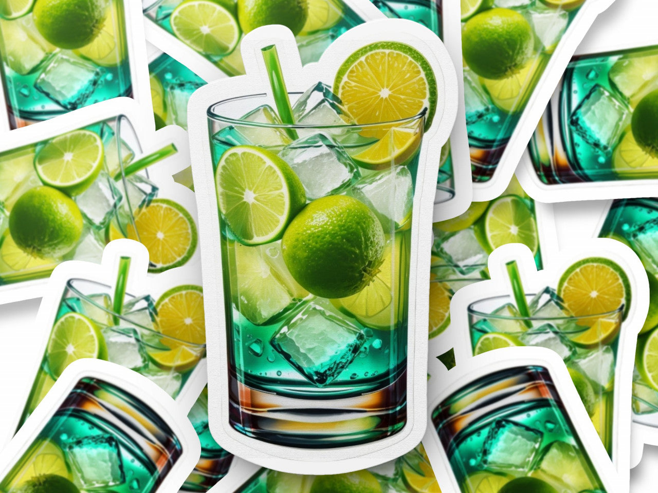 Set 3 bucati, Sticker decorativ, Cocktail Caipirinha cu lamaie, Rezistent la apa, NO305, 6 cm, Multicolor