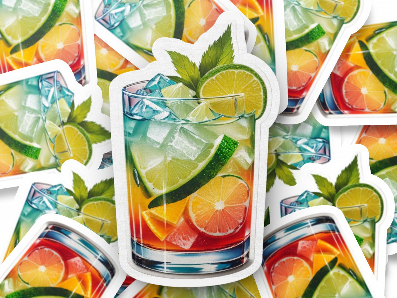 Set 3 bucati, Sticker decorativ, Cocktail Caipirinha cu menta, Rezistent la apa, NO306, 6 cm, Multicolor