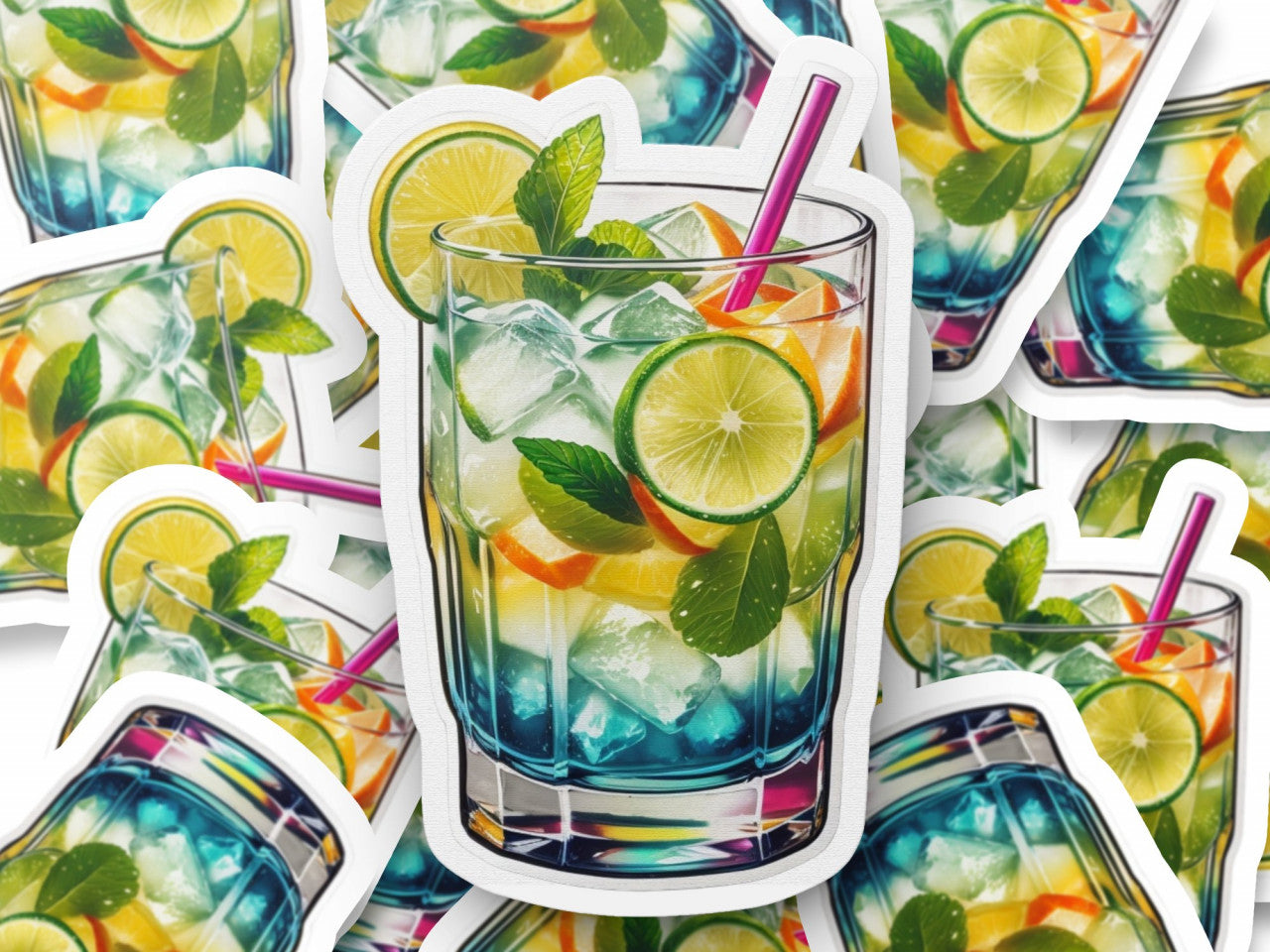 Set 3 bucati, Sticker decorativ, Cocktail Caipiroska cu menta, Rezistent la apa, NO309, 6 cm, Multicolor