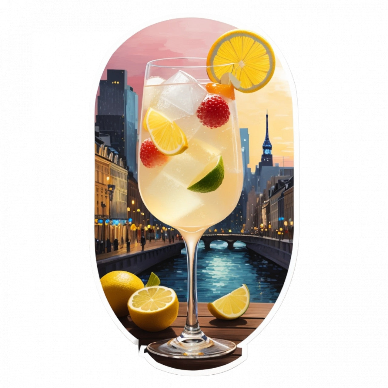 Set 3 bucati, Sticker decorativ, Cocktail frantuzesc cu felie de lamaie, Rezistent la apa, NO577, 6 cm, Multicolor