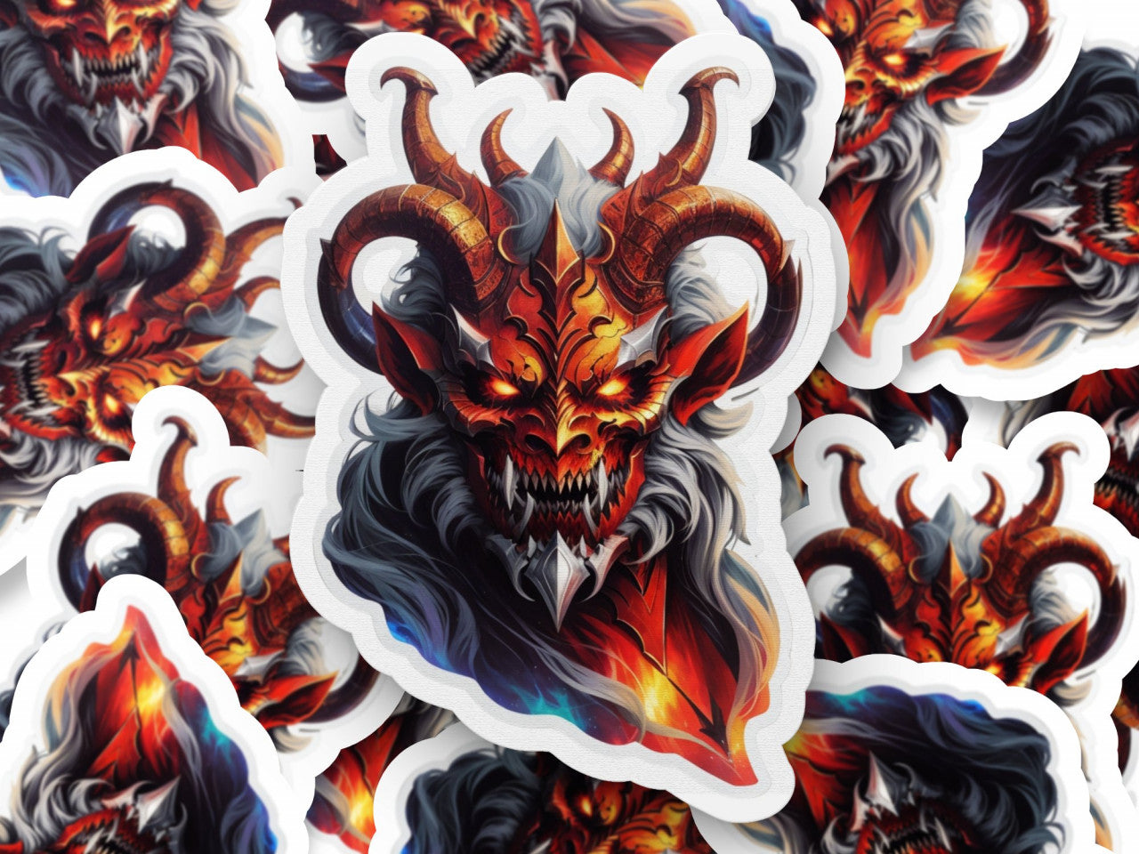 Set 3 bucati, Sticker decorativ, Demon Valac cu colti si coarne, Rezistent la apa, NO1337, 6 cm, Multicolor