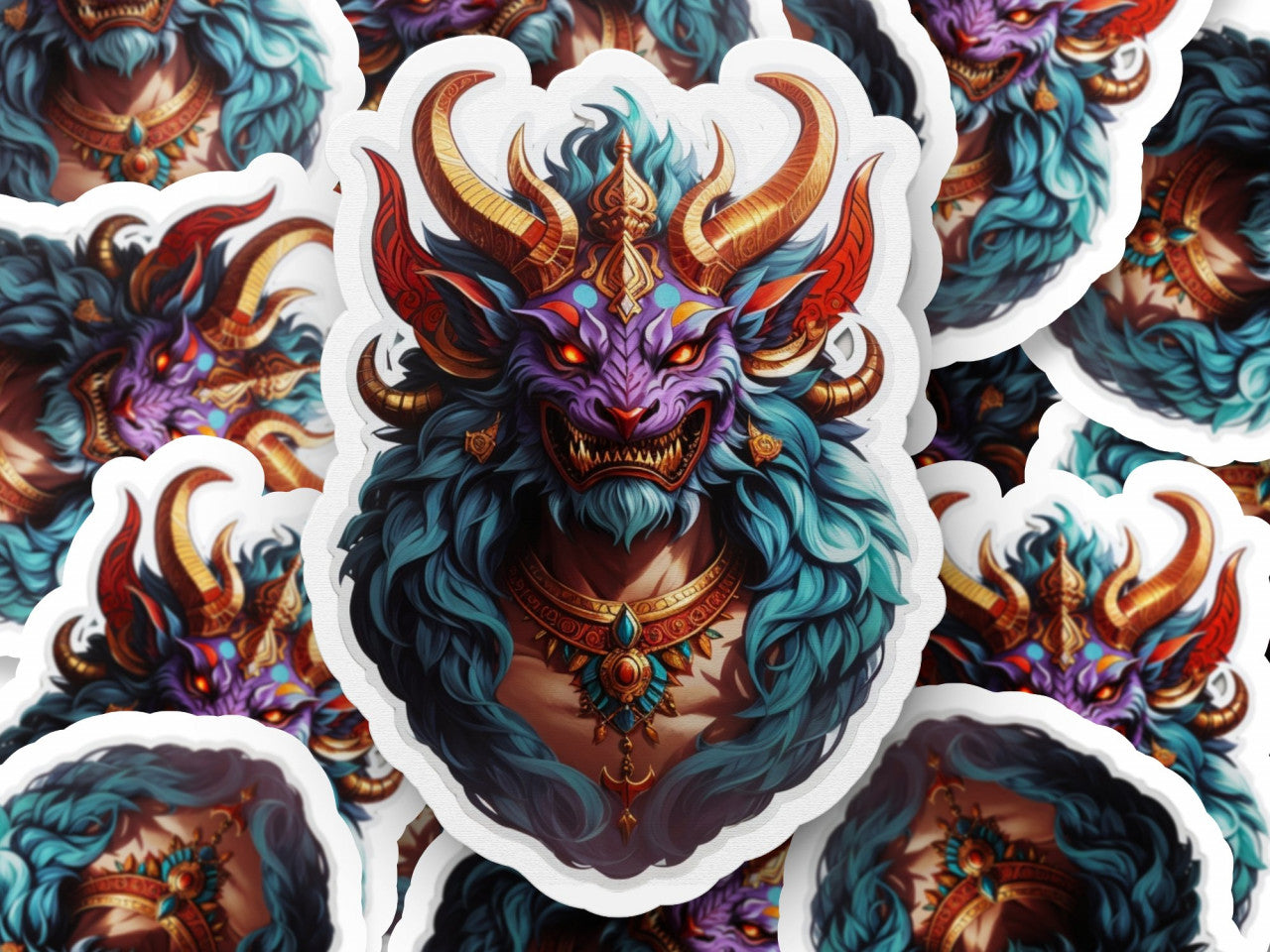 Set 3 bucati, Sticker decorativ, Demonul Paimon cu coarne si platosa, Rezistent la apa, NO1000, 6 cm, Multicolor