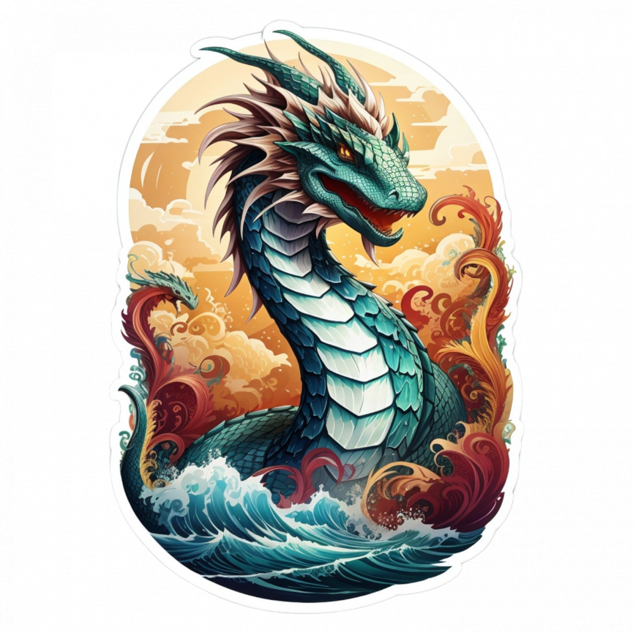 Set 3 bucati, Sticker decorativ, Dragon Sarpe de mare in valuri, Rezistent la apa, NO1185, 6 cm, Multicolor