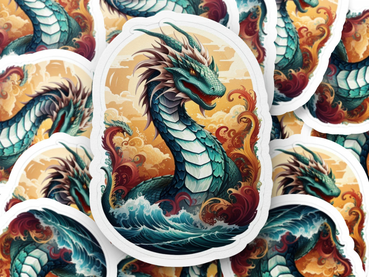 Set 3 bucati, Sticker decorativ, Dragon Sarpe de mare in valuri, Rezistent la apa, NO1185, 6 cm, Multicolor